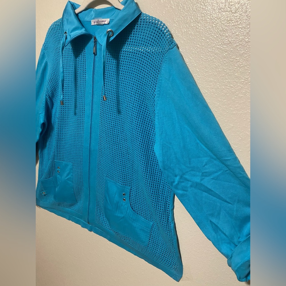 Allison Daley Blue Semi-Sheer Mesh Zip Jacket | Lightweight Mock Neck XL - Picture 3 of 5